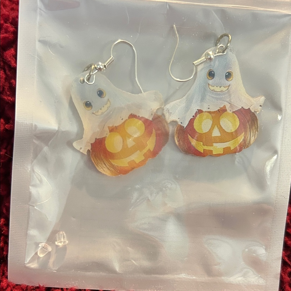 Ghost & Pumpkin Halloween Dangle Earrings - White & Orange